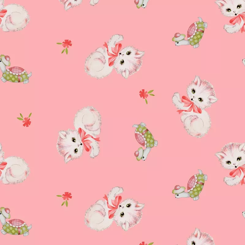 Retro Kittens on Pink Fabric