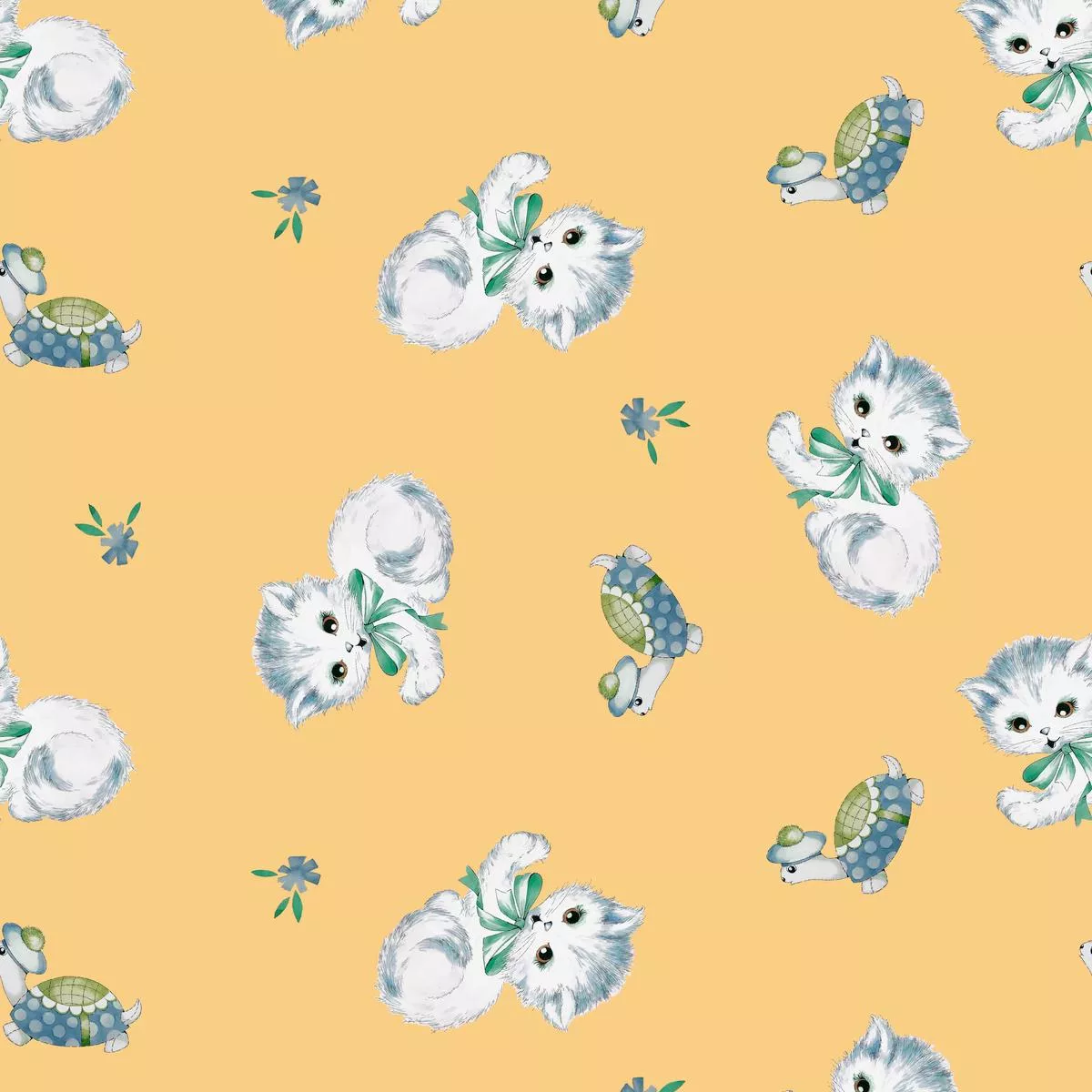 Retro Kittens on Yellow Fabric