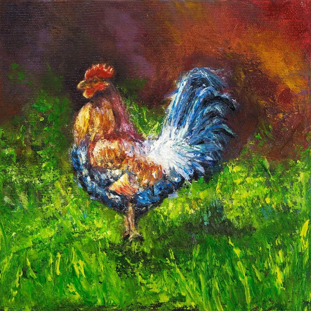 Rooster Oil Painting Fabric Panel – Multi