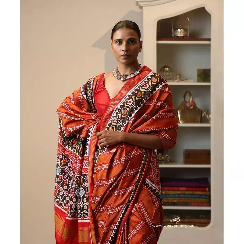Rust Handloom Double Ikat Patola Saree