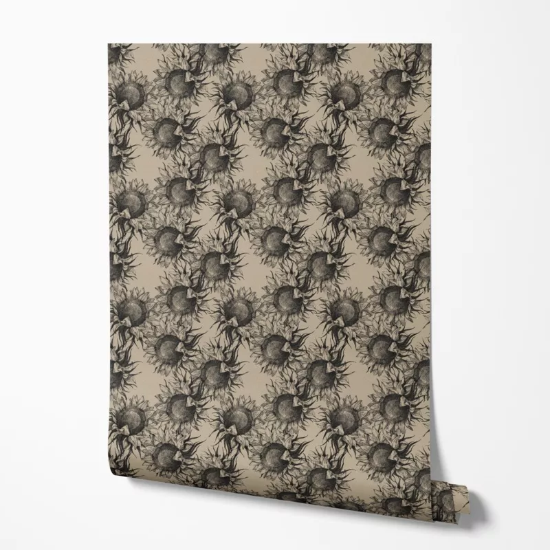 Rustic Sunflower Sketch Black on Brown Wallpaper