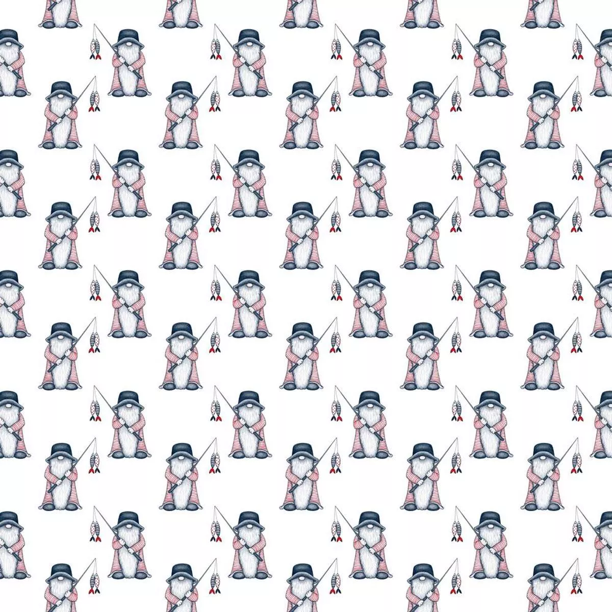 Scattered Fishermen Gnome Fabric – White