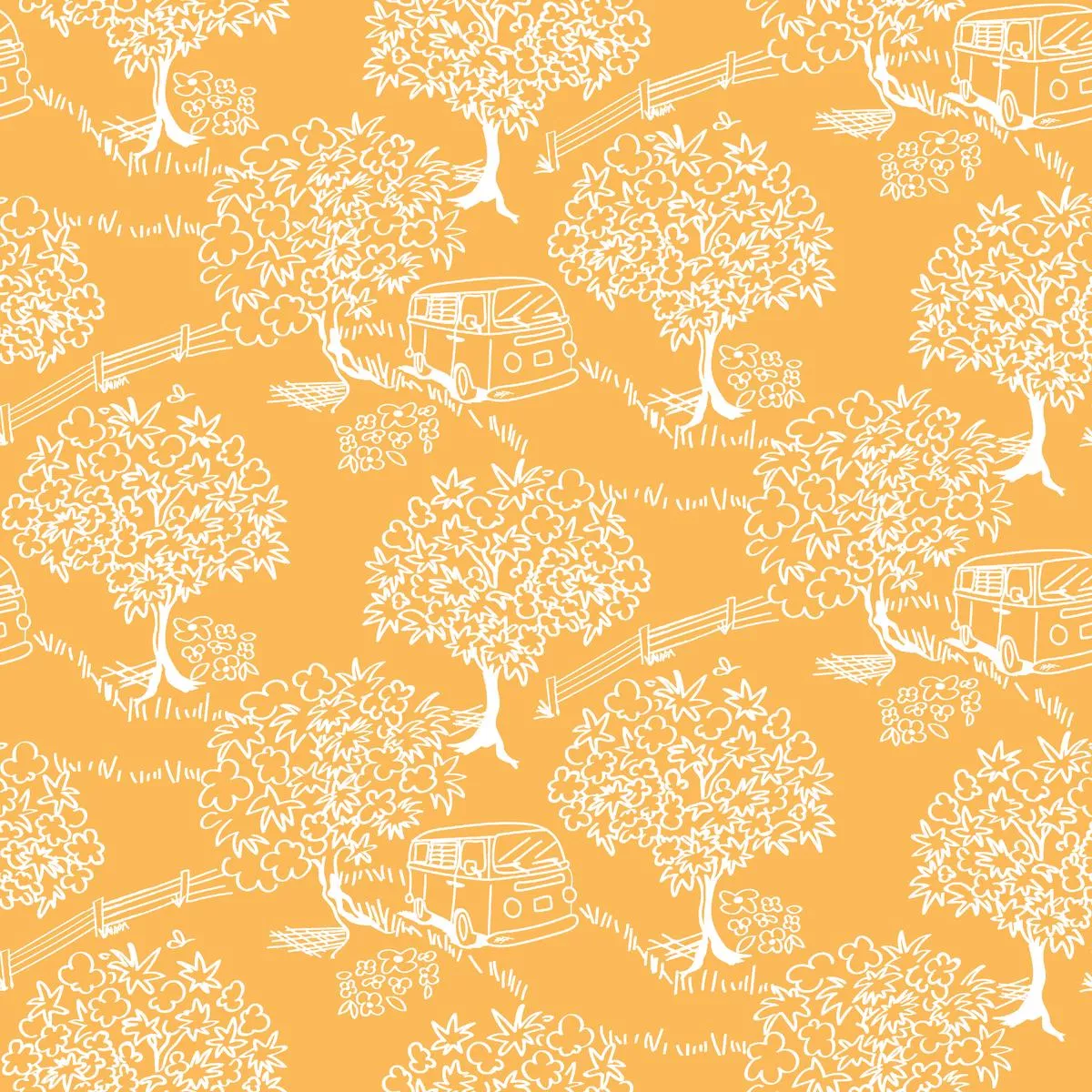scenic-trees-on-mustard-fabric Scenic Trees on Mustard Fabric