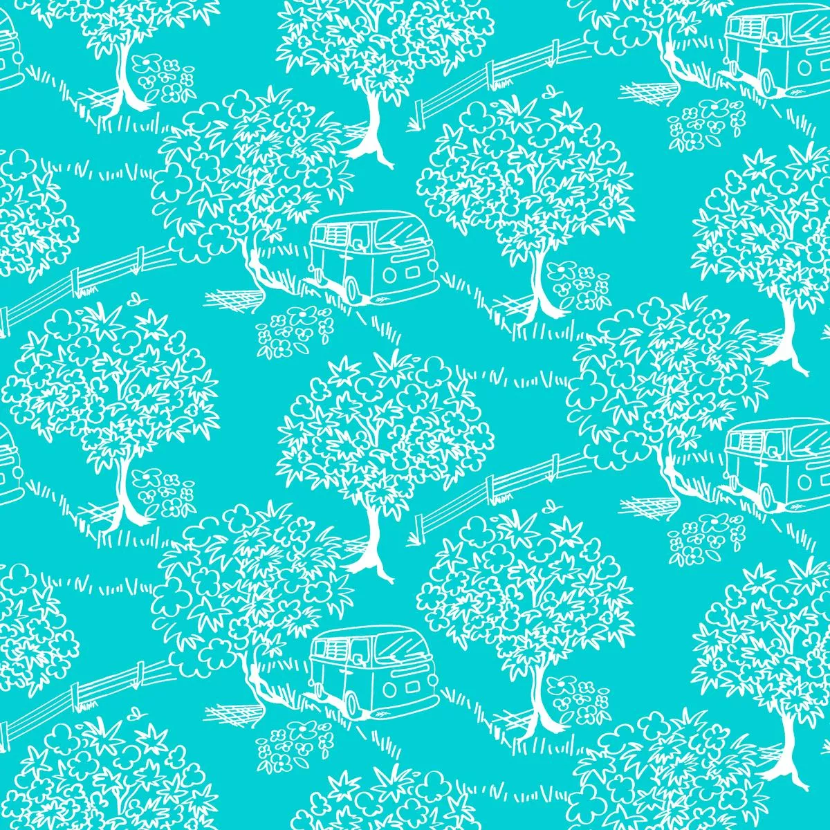 Scenic Trees on Turquoise Fabric