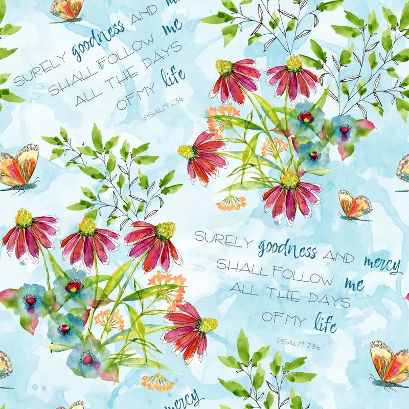 shannon-snow-floral-scripture-on-blue-fabric Shannon Snow Floral Scripture on Blue Fabric