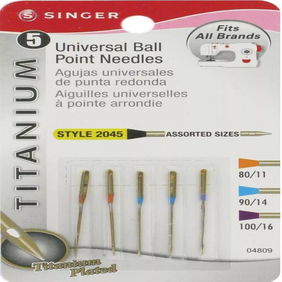 Singer 5pk Titanium Universal Assorted Sizes Style 2045 Ball Point Sewing Machine Needles 4809