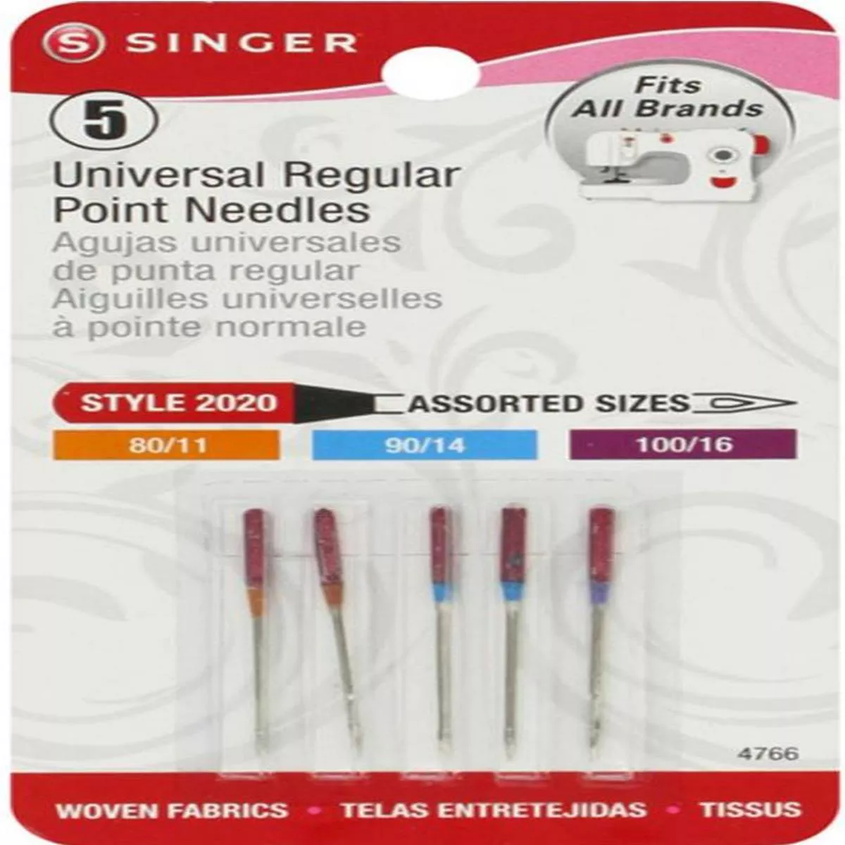 Singer 5pk Universal Assorted Sizes Style 2020 Regular Point Sewing Machine Needles 4766
