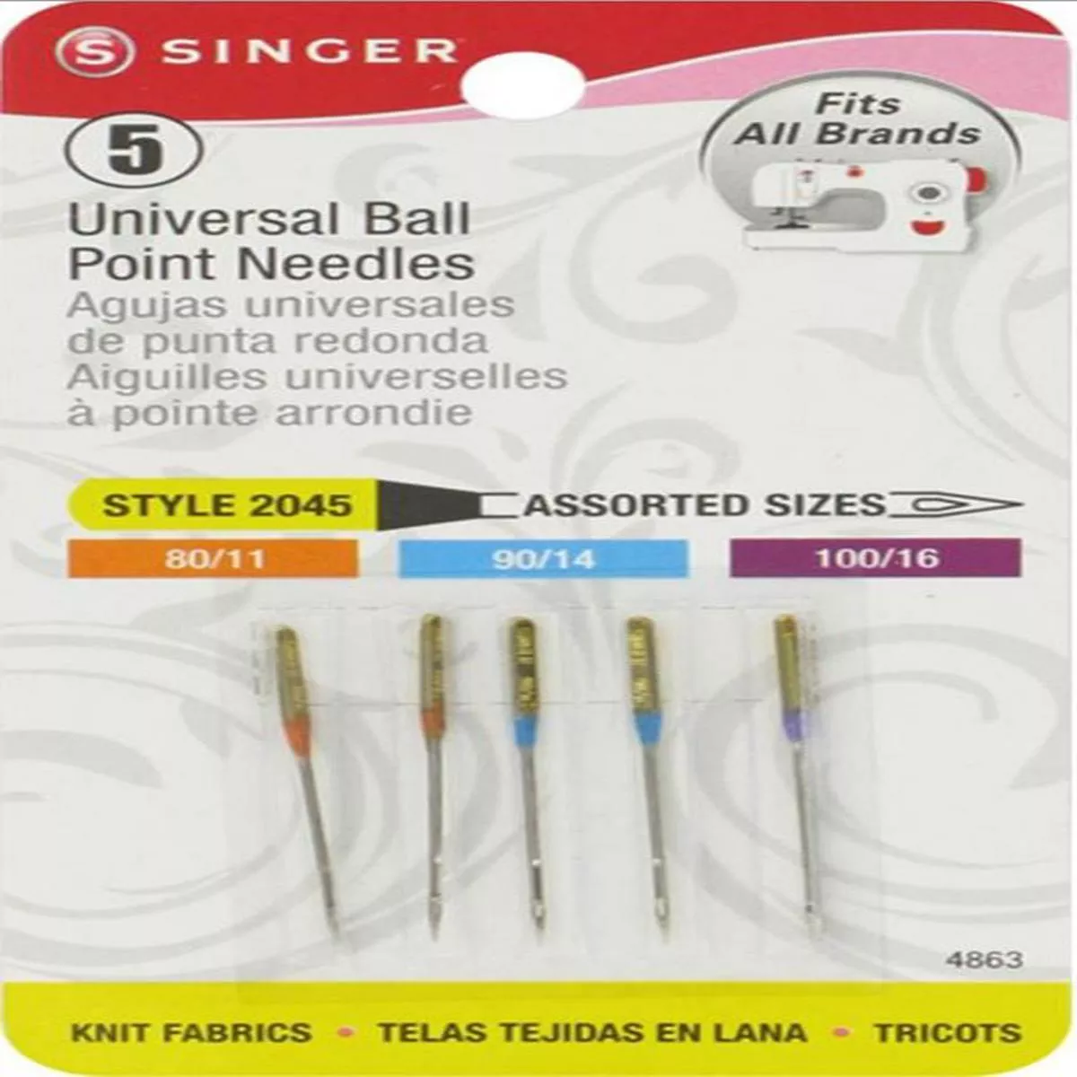 Singer 5pk Universal Assorted Sizes Style 2045 Ball Point Sewing Machine Needles 4863