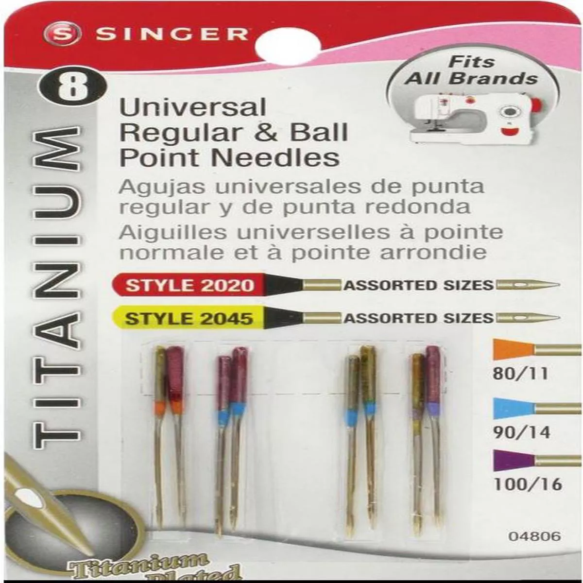 Singer 8pk Titanium Universal Assorted Regular/Ball Point Sewing Machine Needles 4806