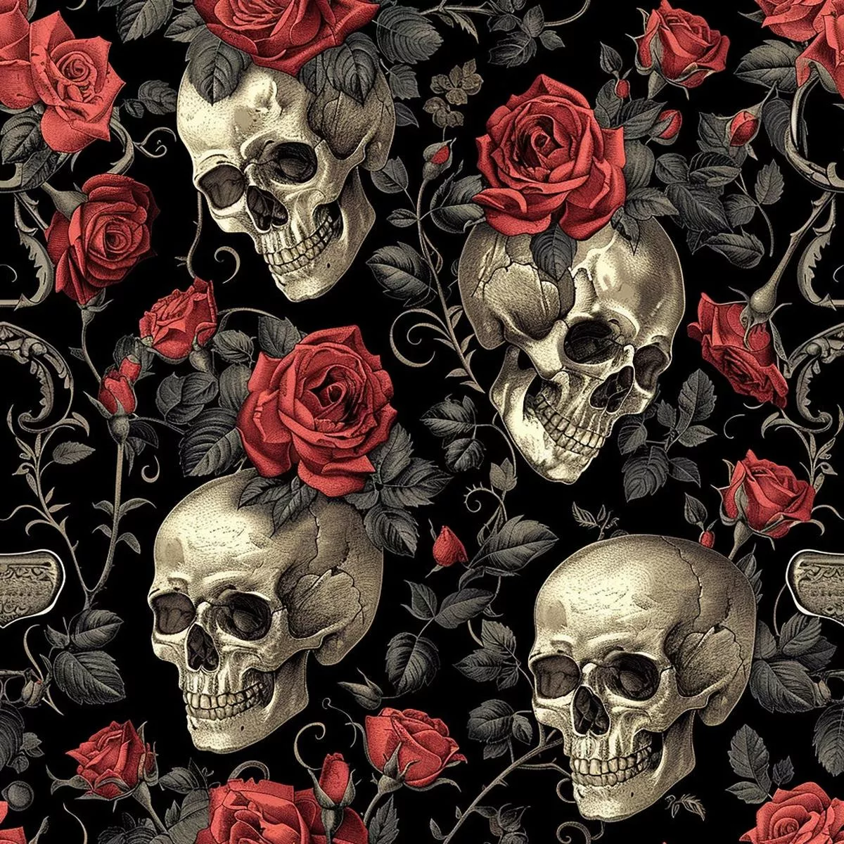 Skulls and Roses Pattern 5 Quilting Cotton Fabric