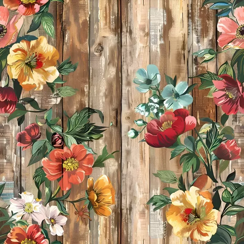 Spring Floral on Wood Planks Pattern #9 Fabric