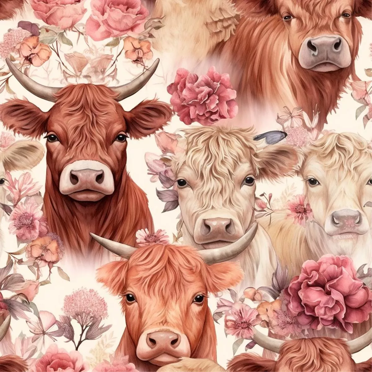 Springtime Highland Cows Pattern #10 Fabric