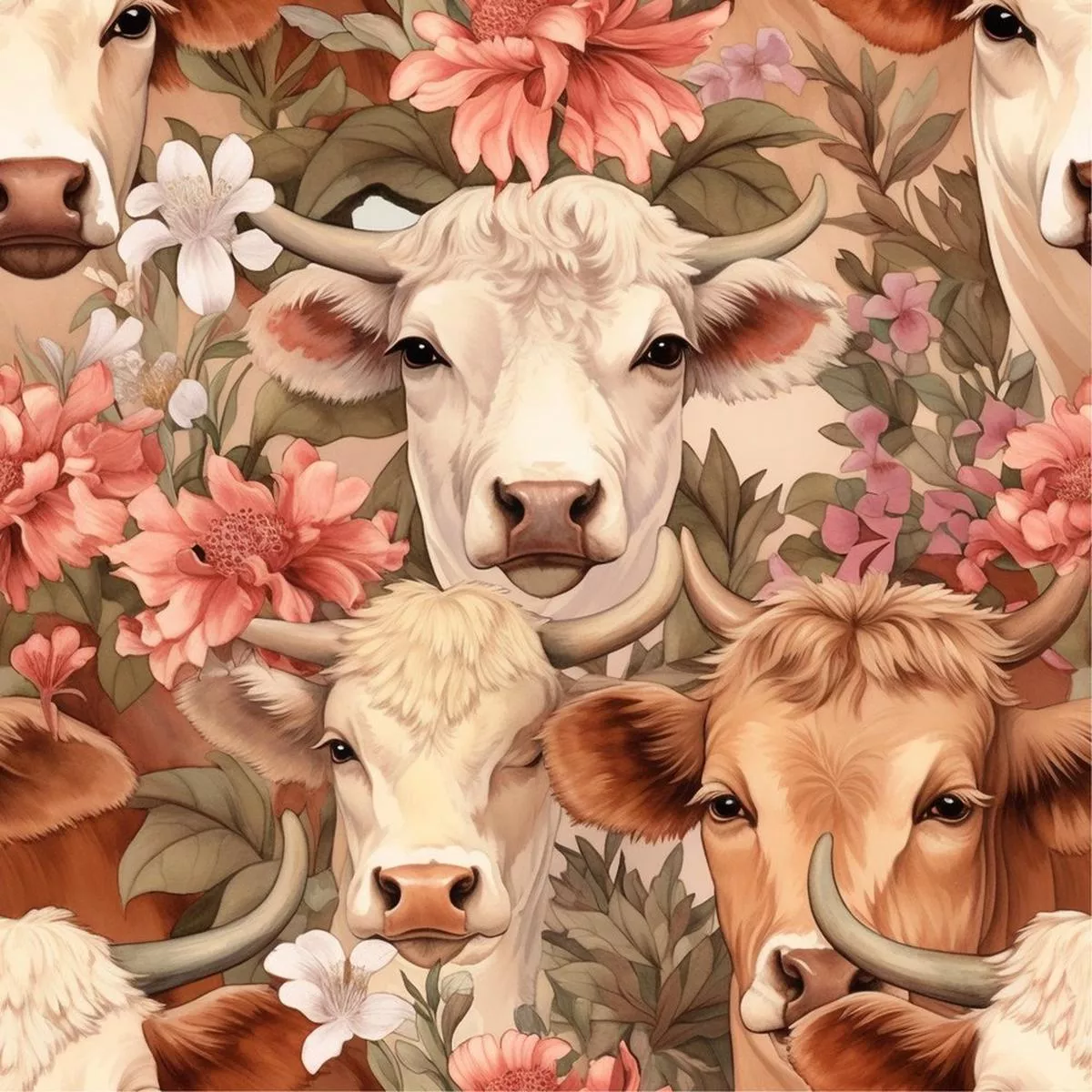 springtime-highland-cows-pattern-15-fabric Springtime Highland Cows Pattern #15 Fabric