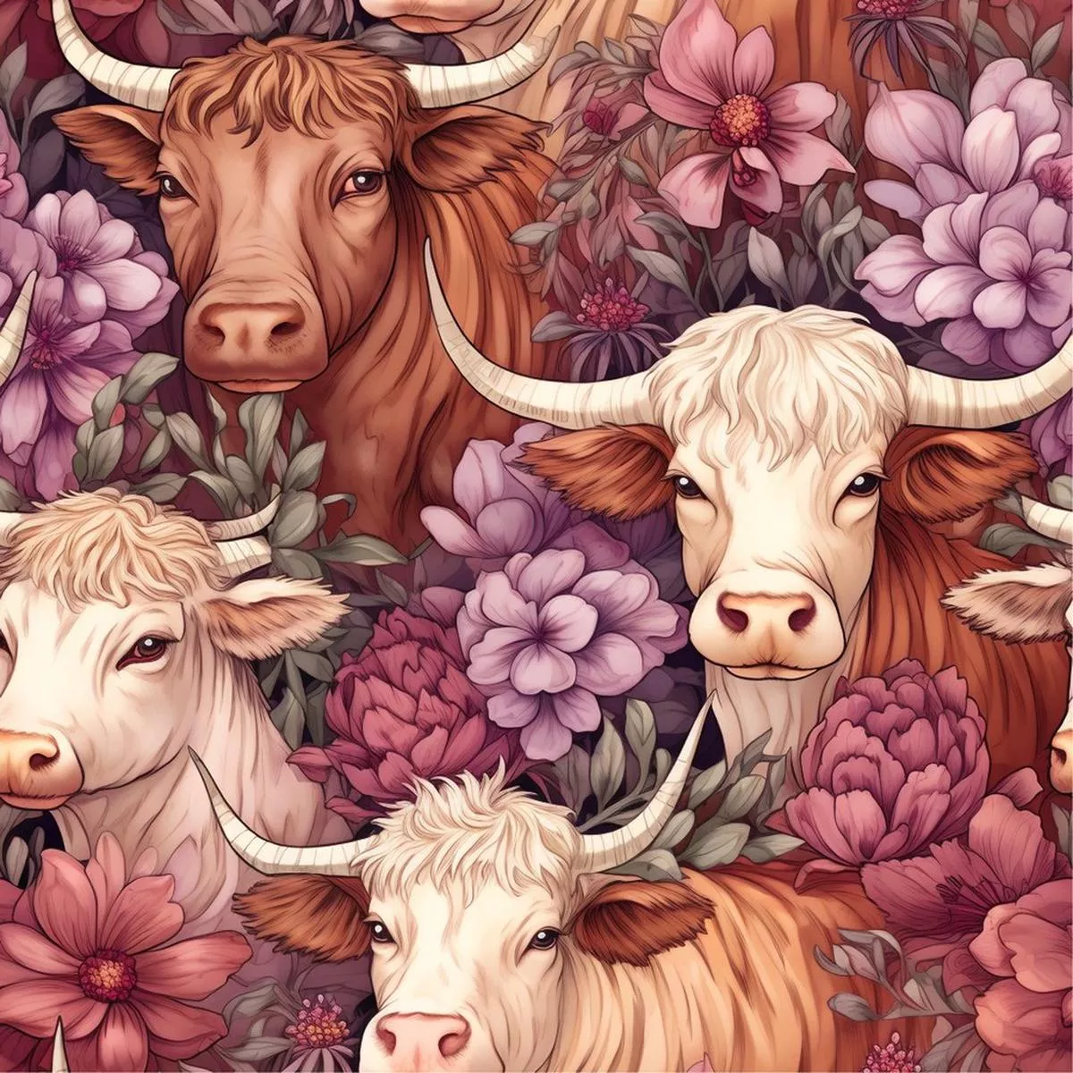 Springtime Highland Cows Pattern #16 Fabric