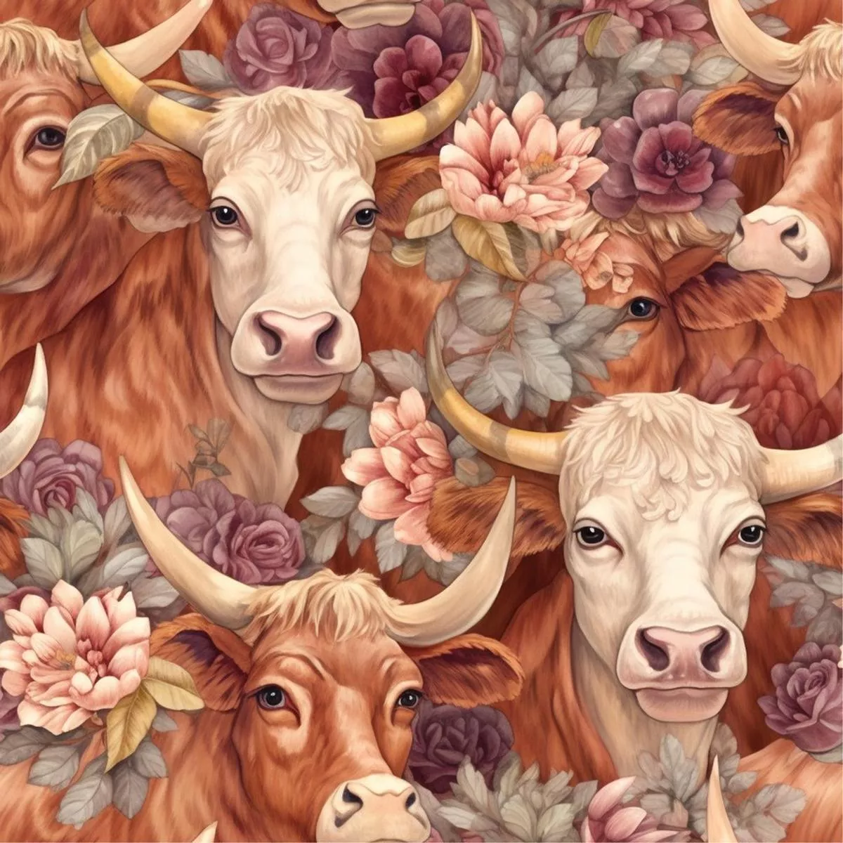 Springtime Highland Cows Pattern #8 Fabric