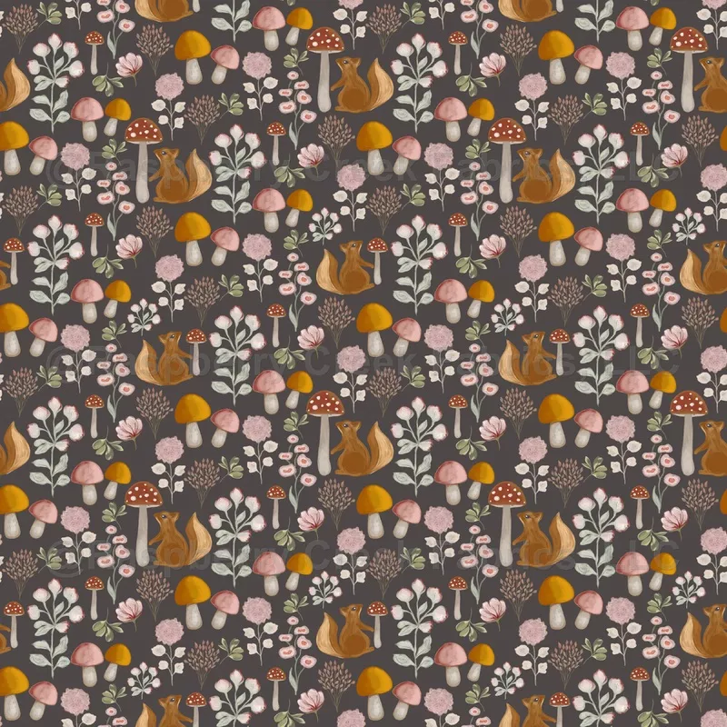 Squirrel and Mushrooms on Dark Grey – Medium