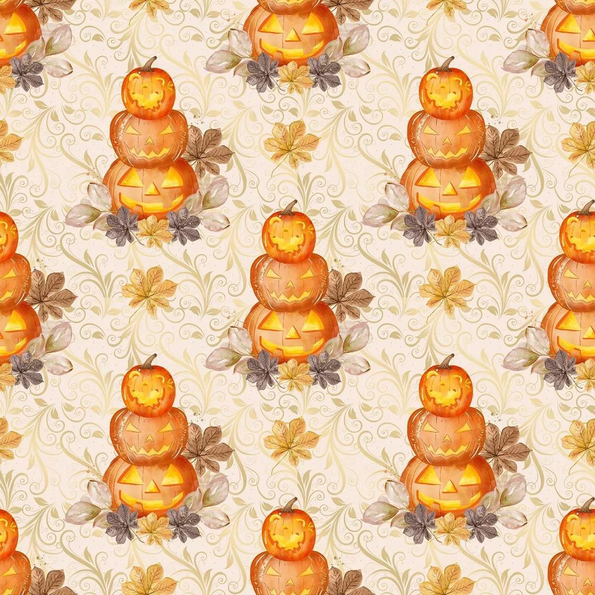 stacked-jack-o-lanterns-on-vines-fabric-tan Stacked Jack-O-Lanterns on Vines Fabric – Tan