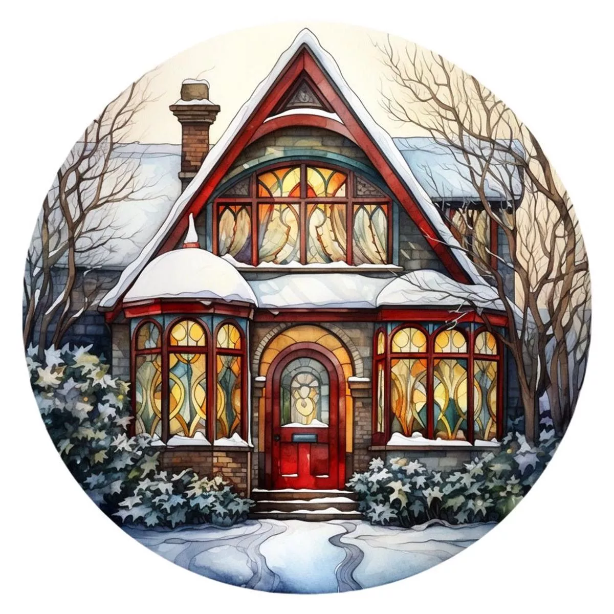 stained-glass-christmas-cottage-3-fabric-panel Stained Glass Christmas Cottage #3 Fabric Panel
