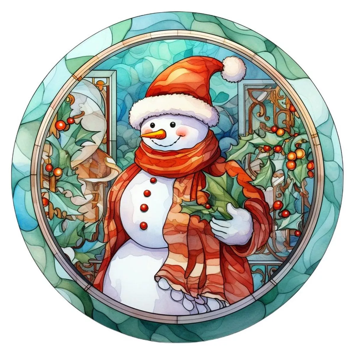 Stained Glass Snowman #1 Fabric Panel