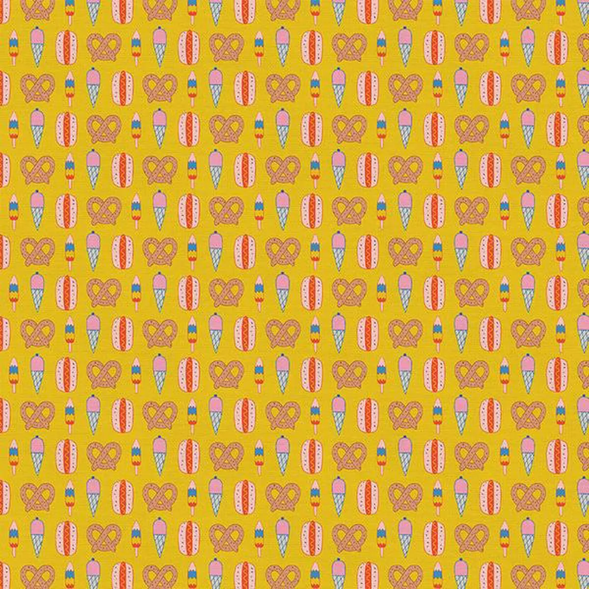 Step Right Up – Snack Pops Mustard – Paintbrush Studio Cotton Fabrics
