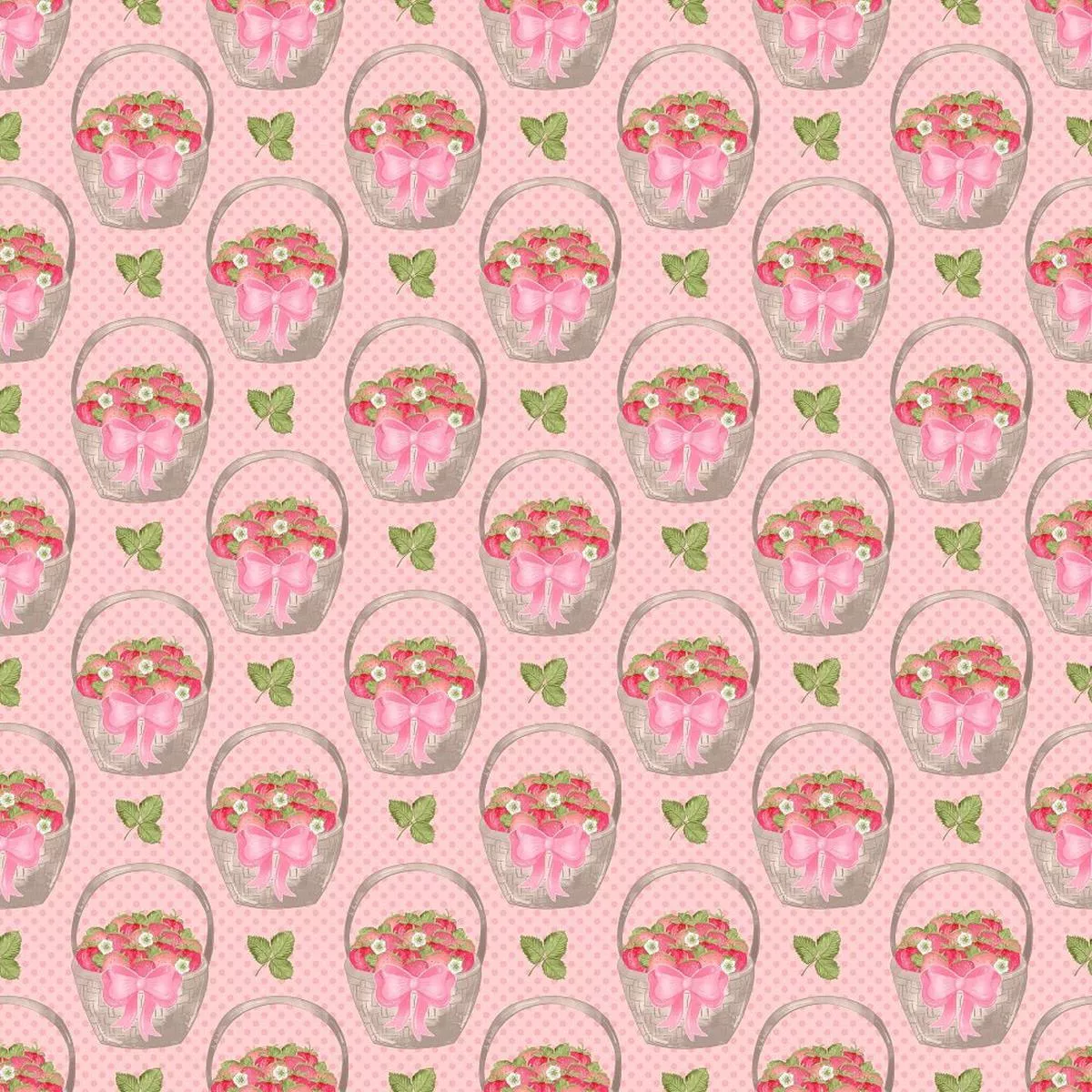 strawberry-baskets-on-dots-fabric-light-pink Strawberry Baskets on Dots Fabric – Light Pink