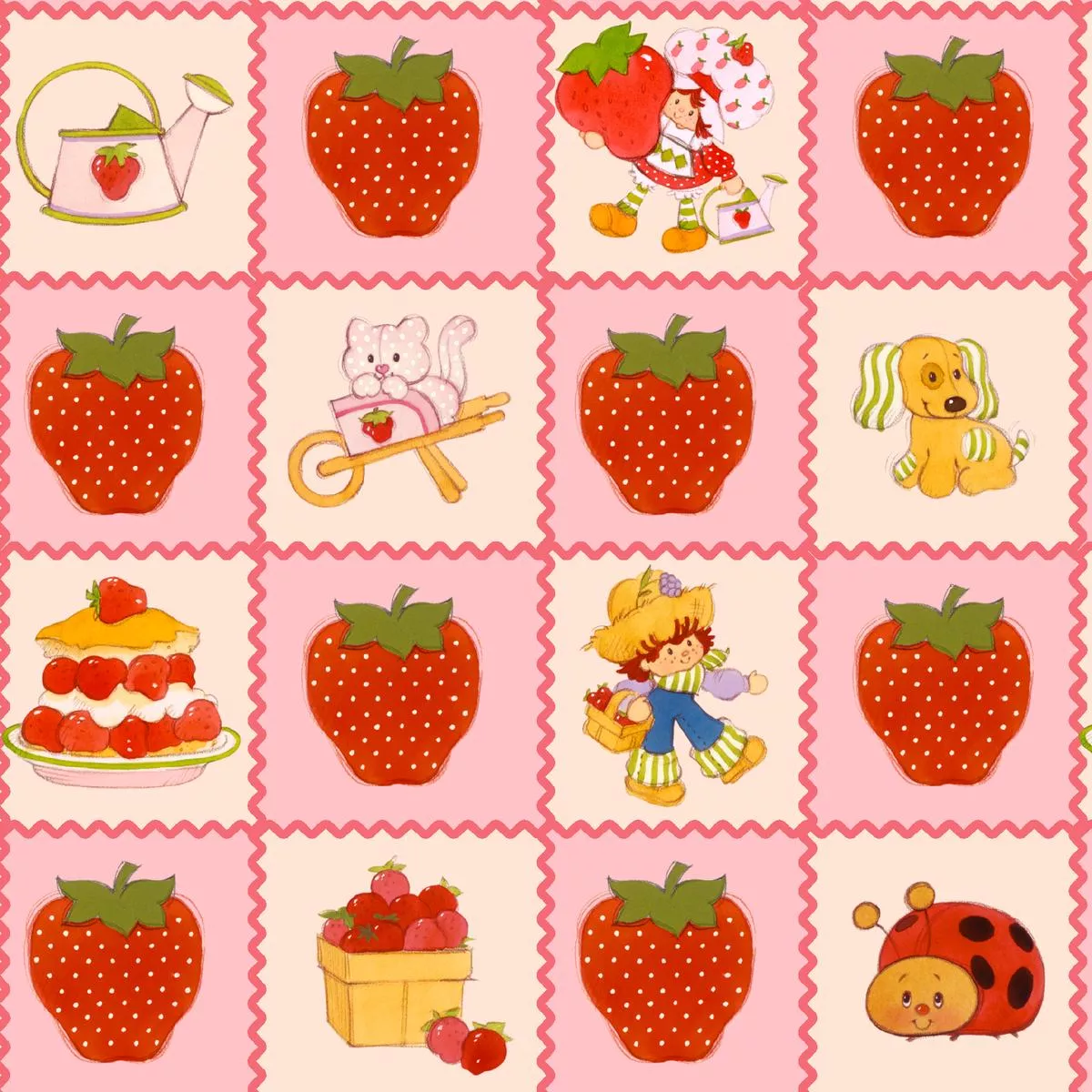 strawberry-shortcake-patchwork-on-pink-fabric Strawberry Shortcake Patchwork on Pink Fabric
