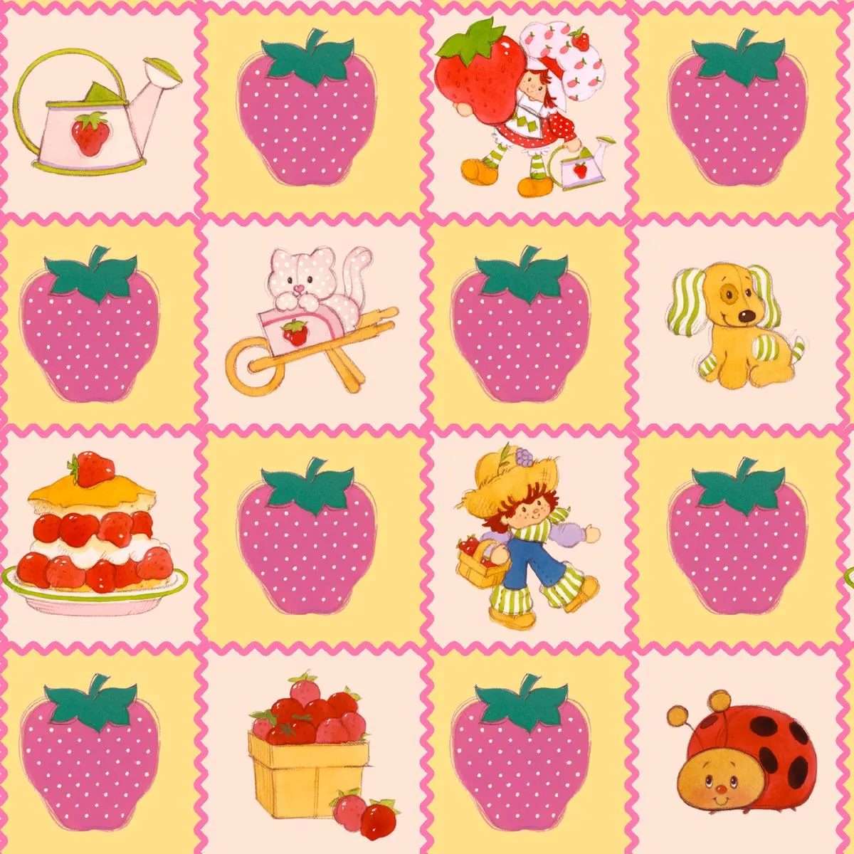 strawberry-shortcake-patchwork-on-yellow-fabric Strawberry Shortcake Patchwork on Yellow Fabric