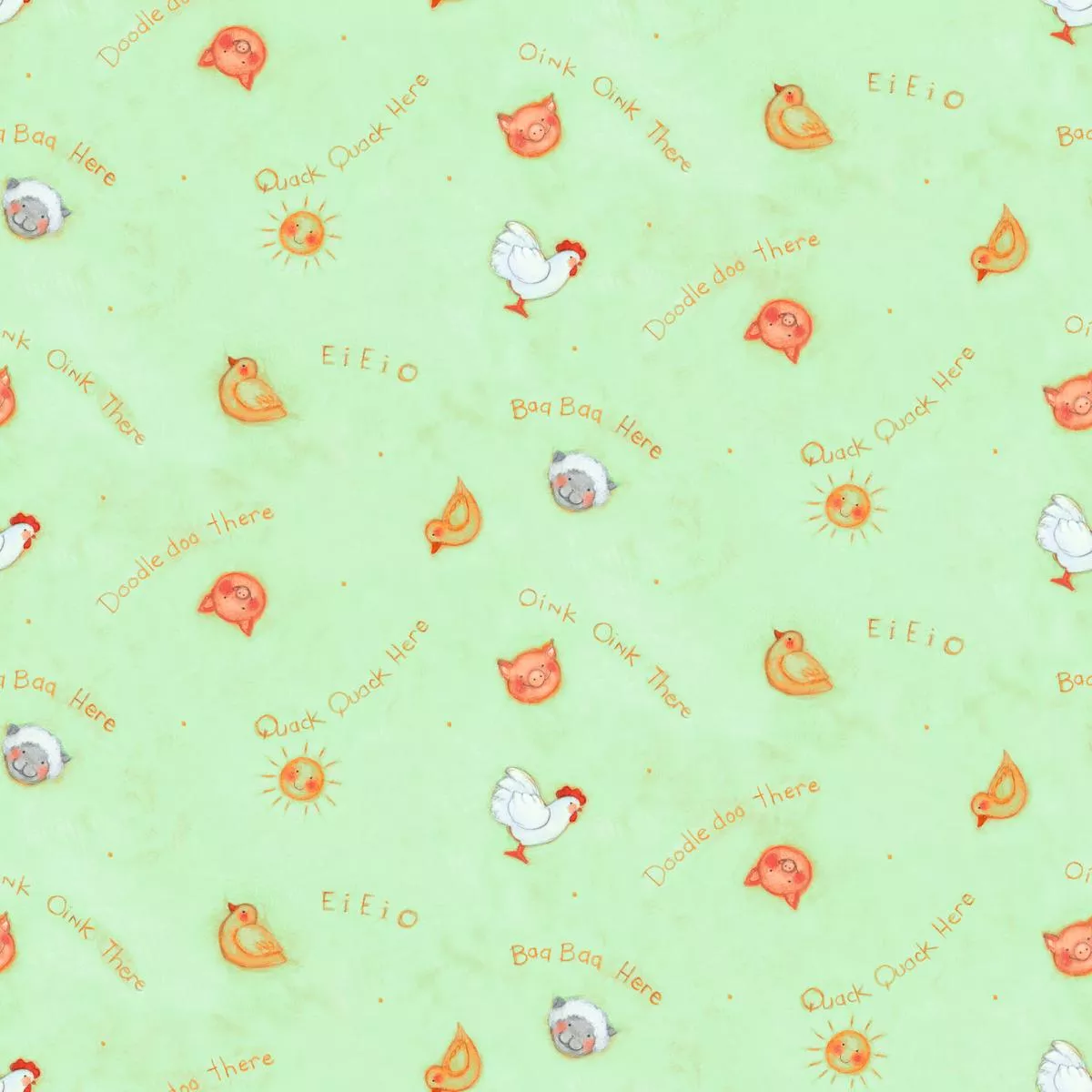 susan-winget-barnyard-animals-eieio-on-green-fabric Susan Winget Barnyard Animals EIEIO on Green Fabric
