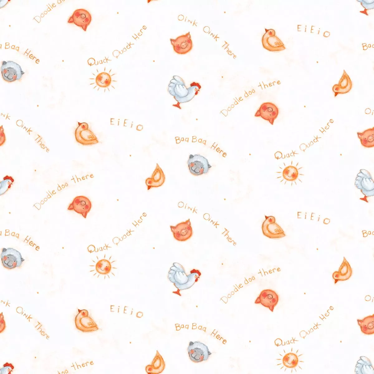 Susan Winget Barnyard Animals EIEIO on White Fabric