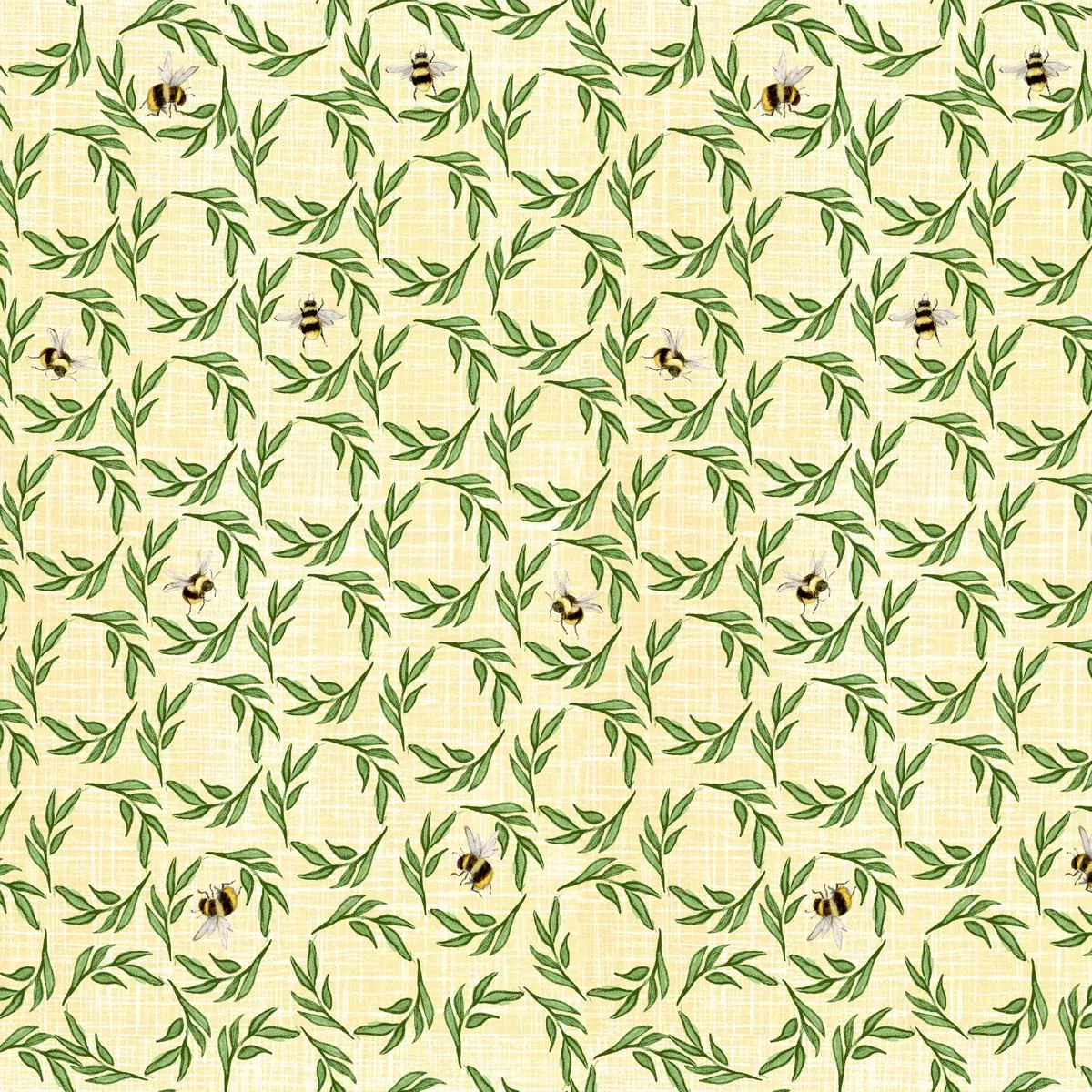 susan-winget-bumblebee-circle-leaves-on-yellow-fabric Susan Winget Bumblebee Circle Leaves on Yellow Fabric