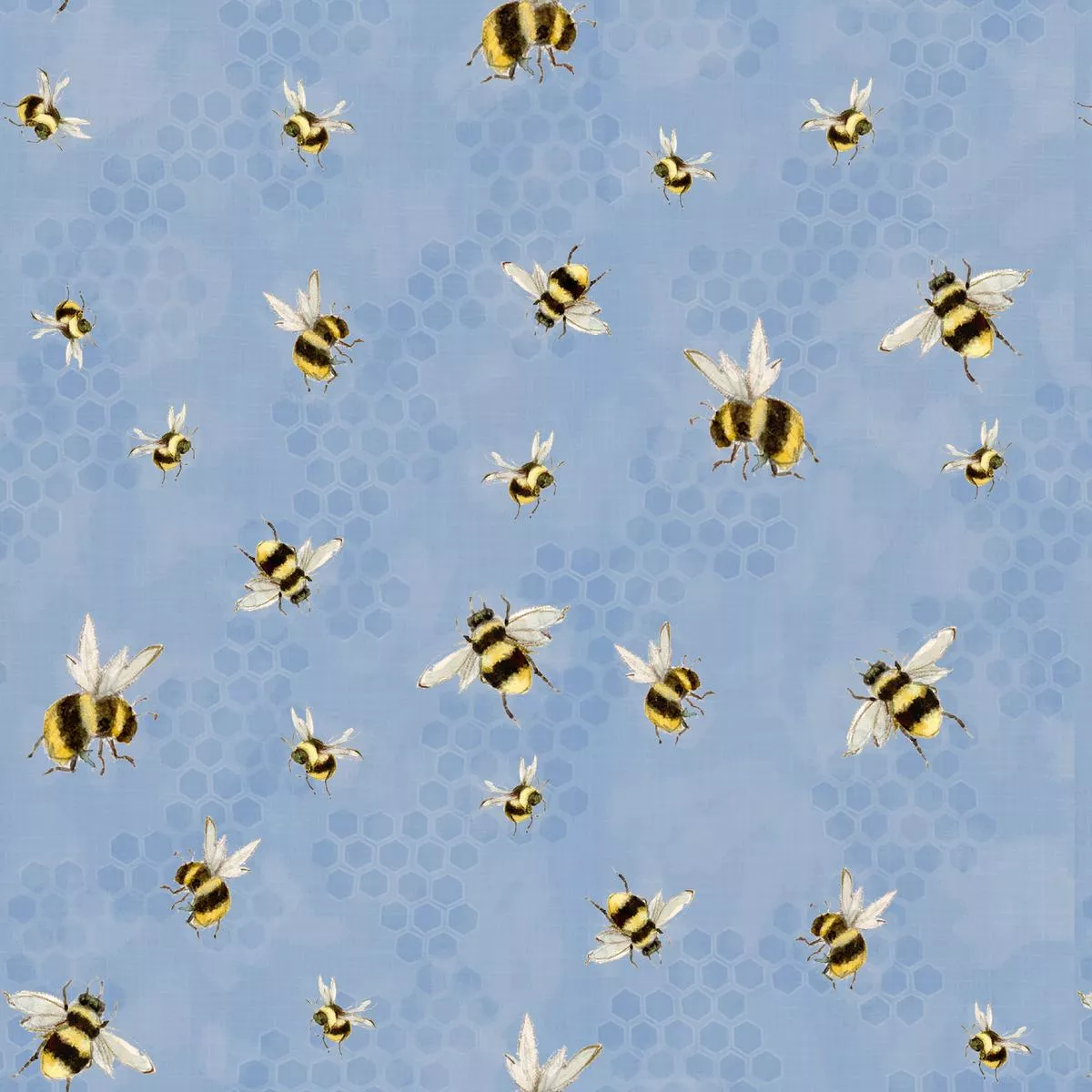 Susan Winget Buzzing Honeybees on Blue Fabric