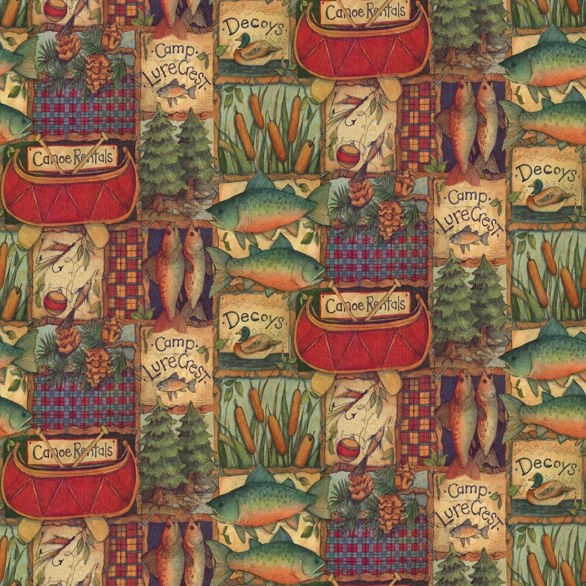 susan-winget-rustic-fishing-camp-patchwork-fabric Susan Winget Rustic Fishing Camp Patchwork Fabric