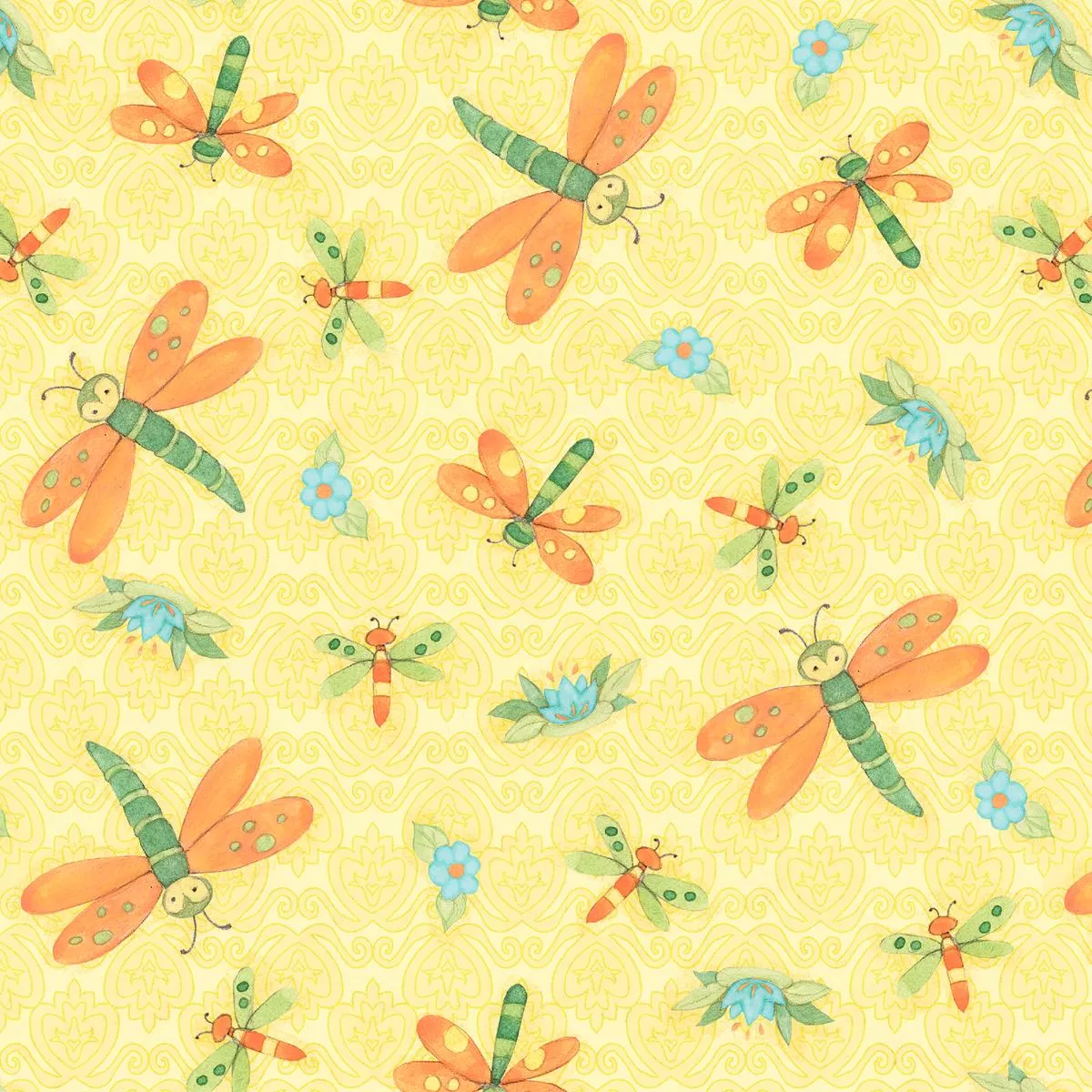 Susan Winget Whimsical Dragonfly on Yellow Fabric