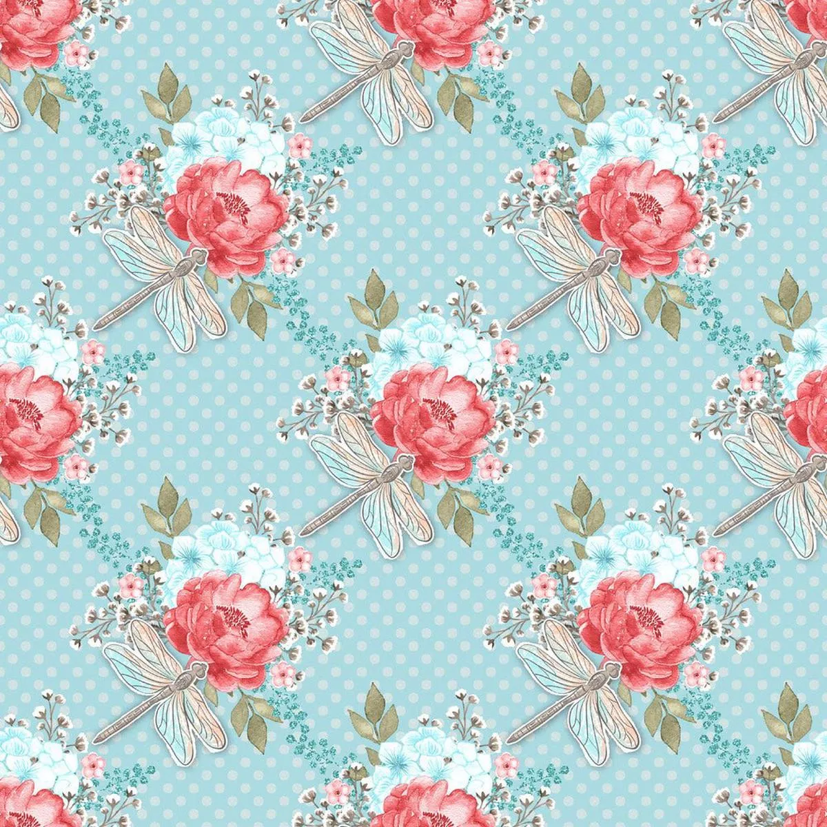 sweet-dragonfly-on-blue-dots-fabric Sweet Dragonfly on Blue Dots Fabric