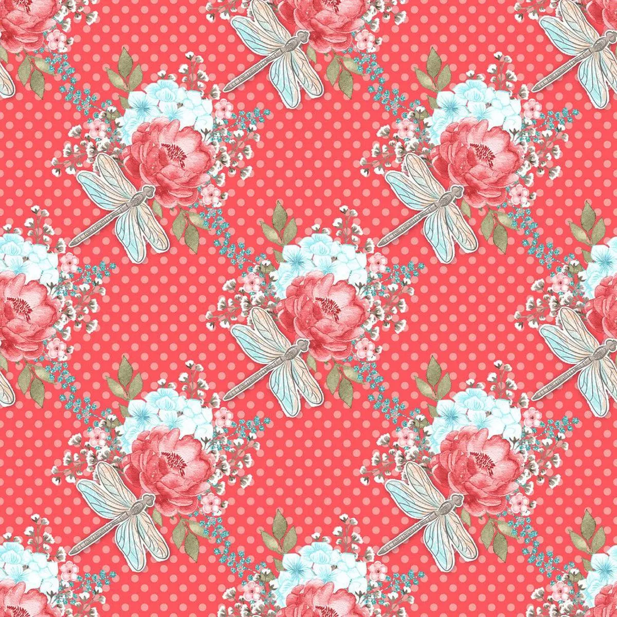 Sweet Dragonfly on Red Dots Fabric