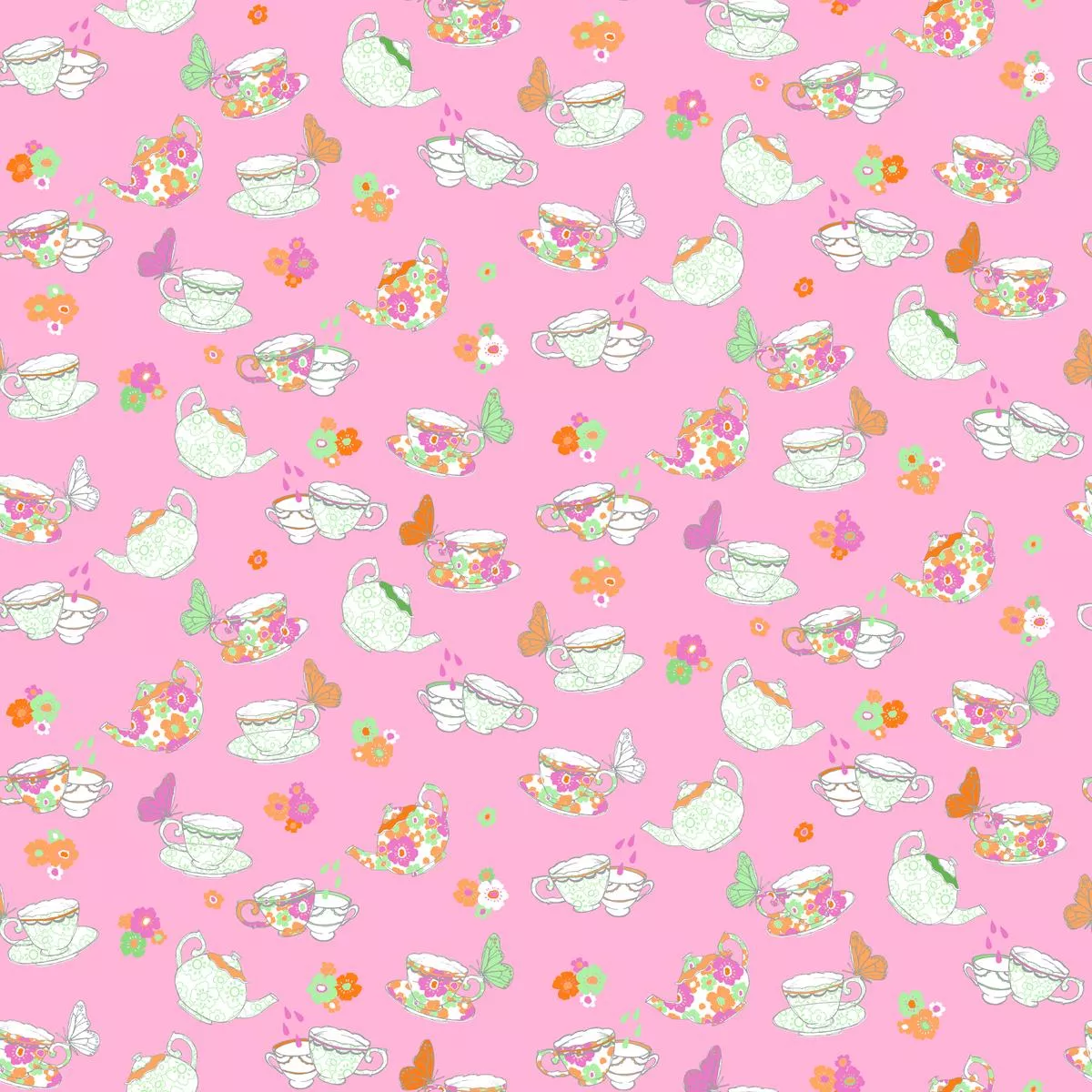 Tea Party on Pink Fabric