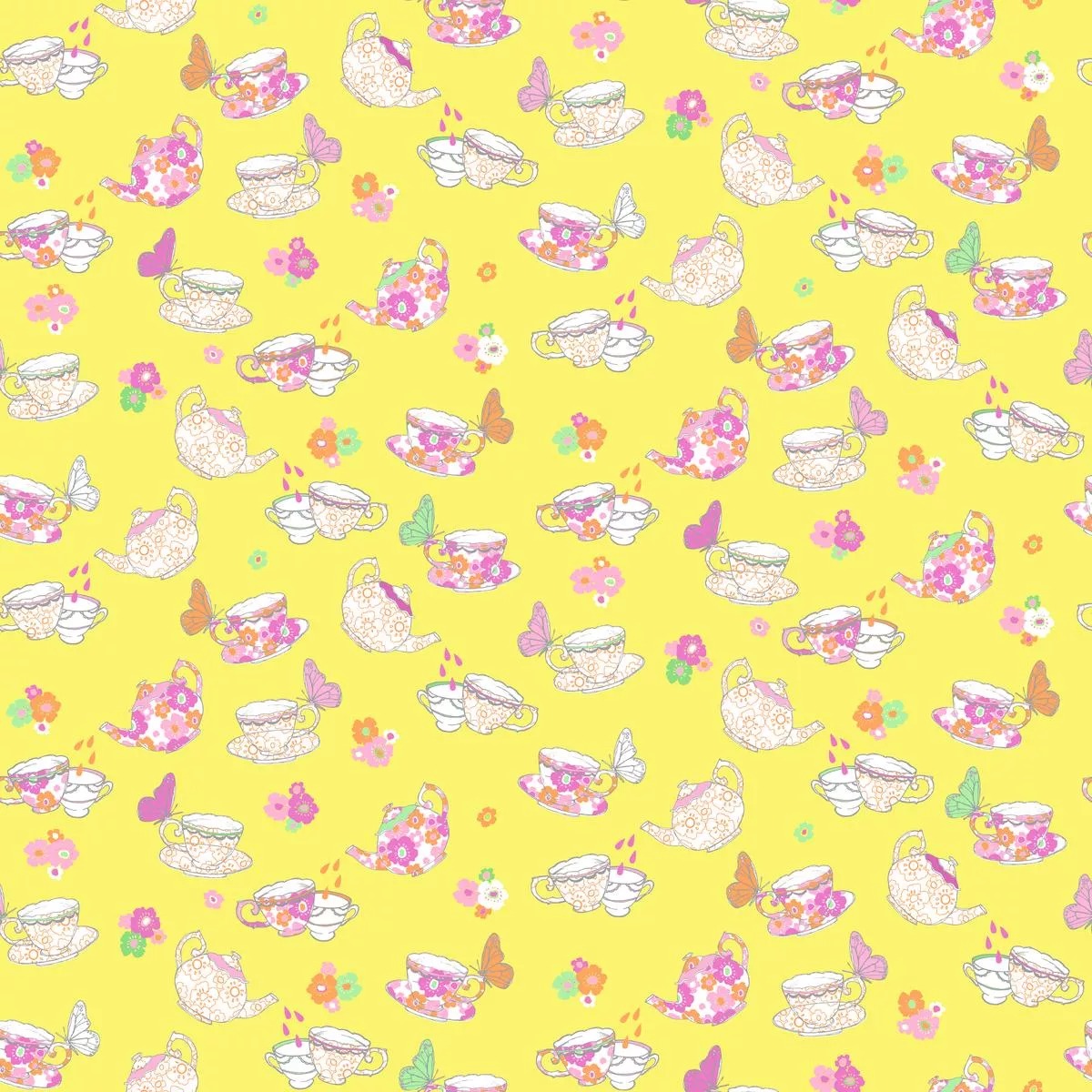 Tea Party on Yellow Fabric