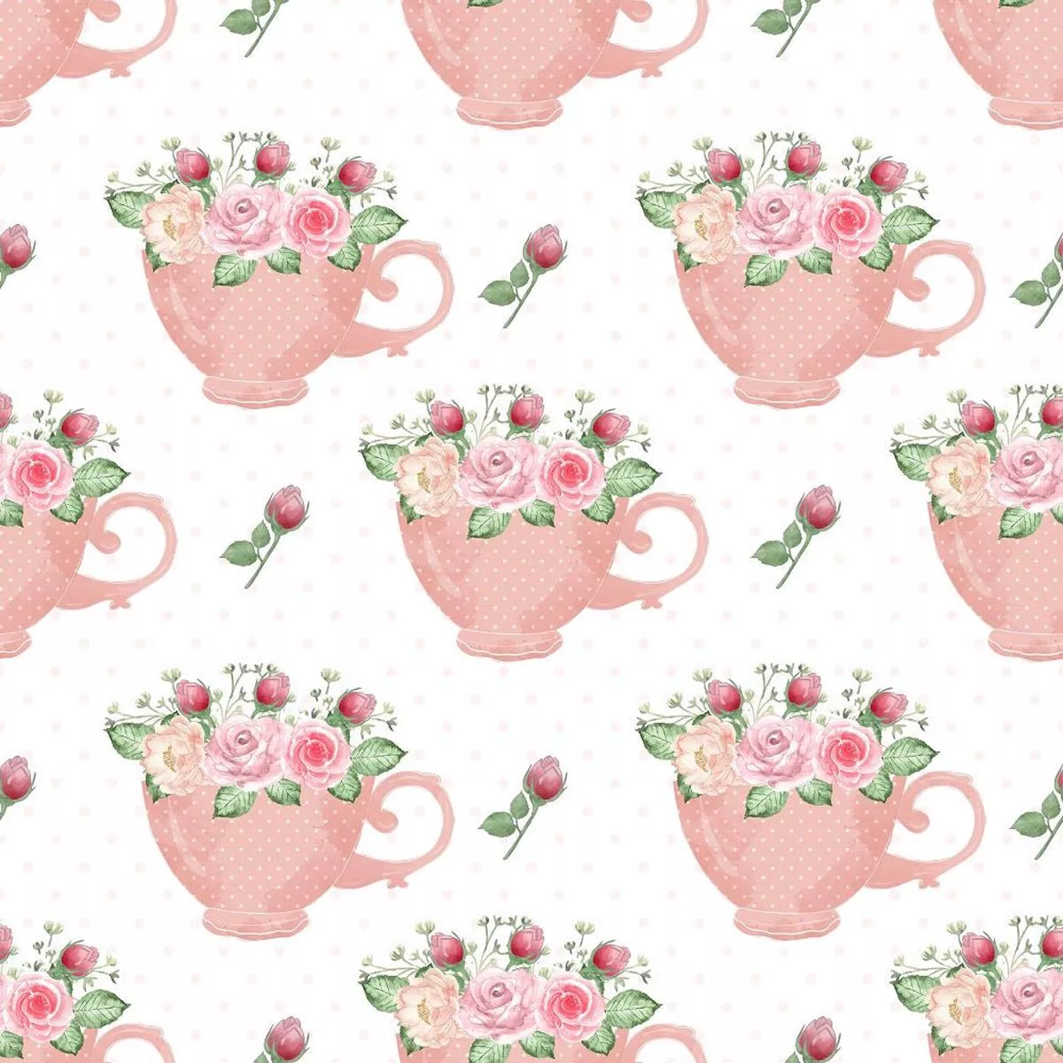 Tea Time Floral Cups Fabric – White