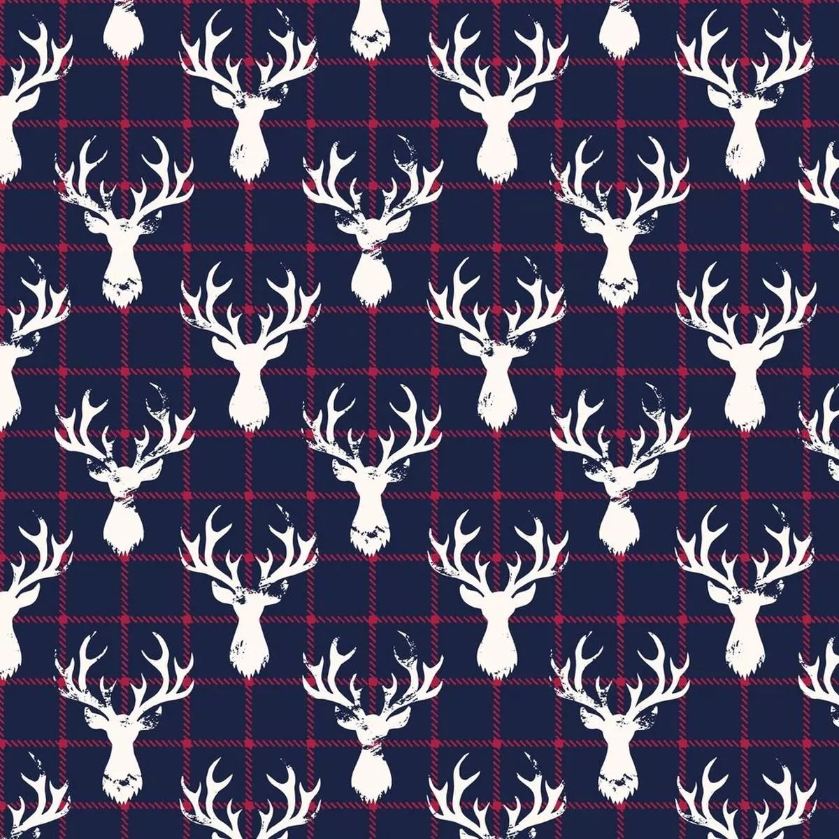 Textured Deer Head Silhouettes Fabric – Dark Blue Checkered