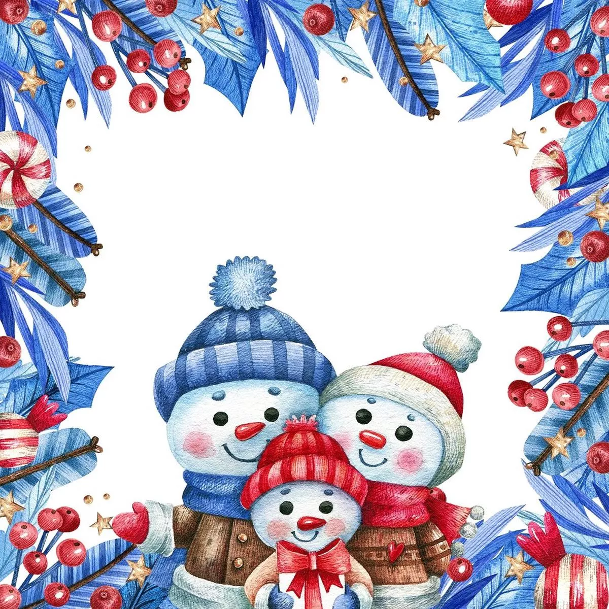 Three Snowmen in a Framed Wreath Fabric Panel – Blue