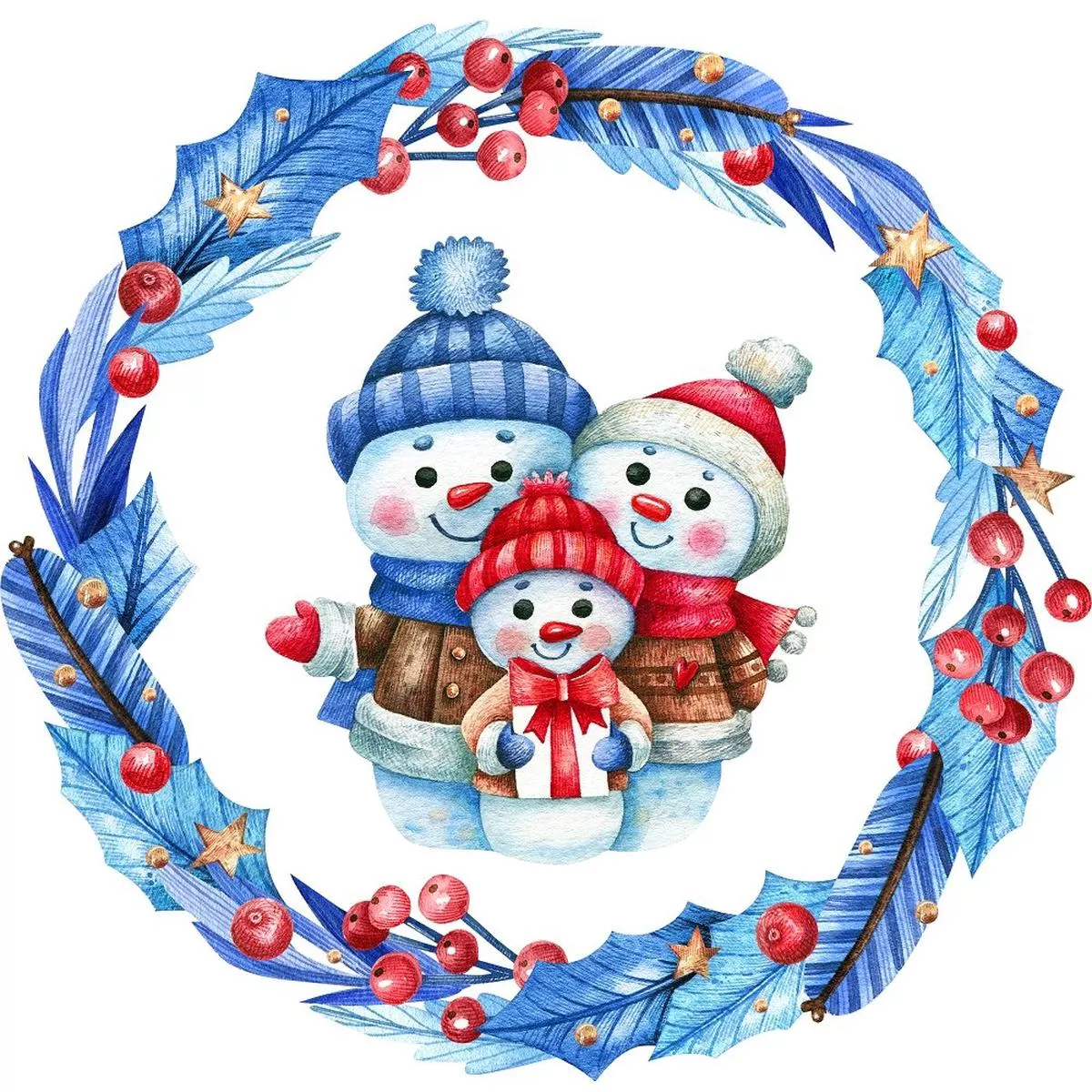 Three Snowmen in a Wreath Fabric Panel – Blue