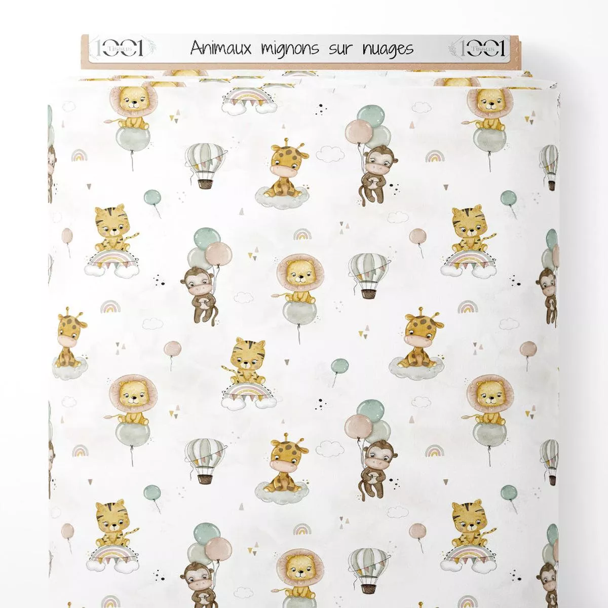 Tissu – Animaux mignons sur nuages