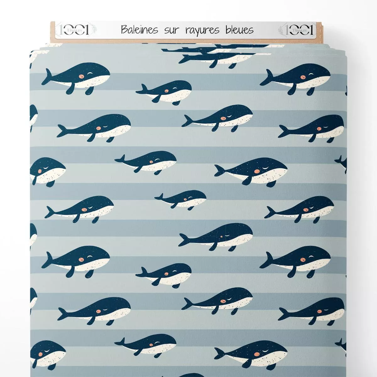 tissu-baleines-sur-rayures-bleues Tissu – Baleines sur rayures bleues