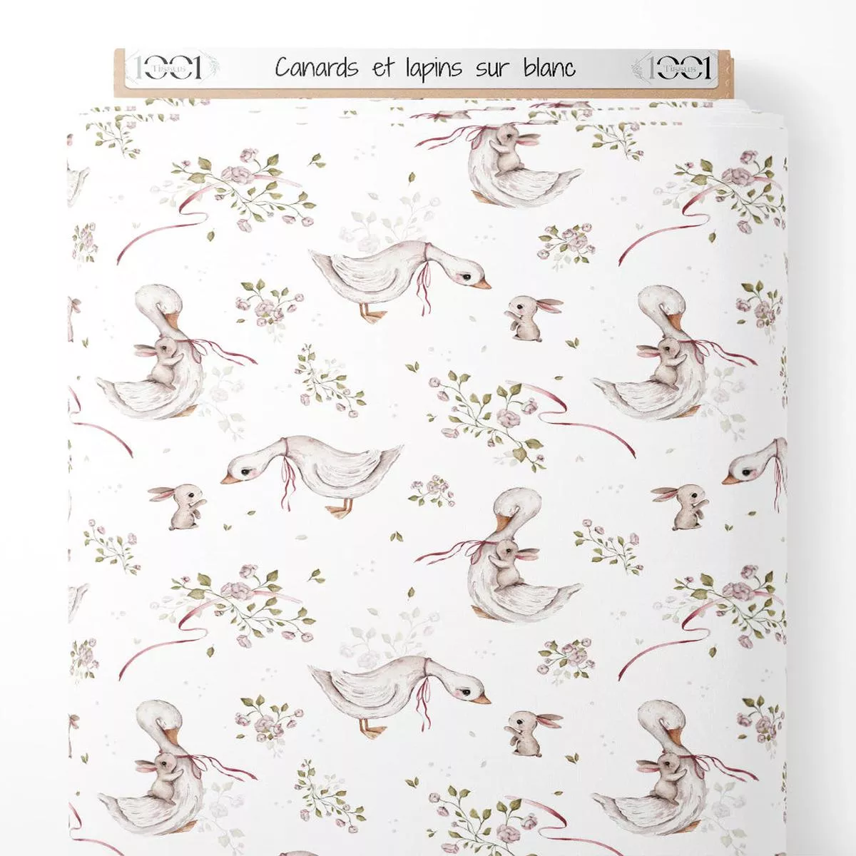 Tissu – Canards et lapins sur blanc