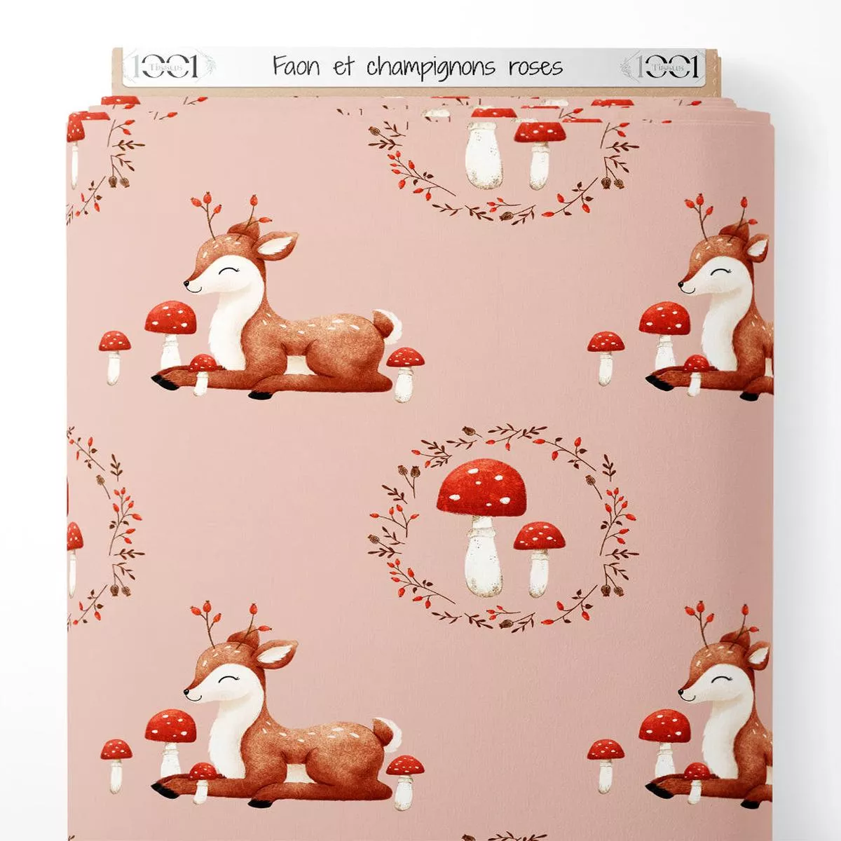 Tissu – Faon et champignons roses