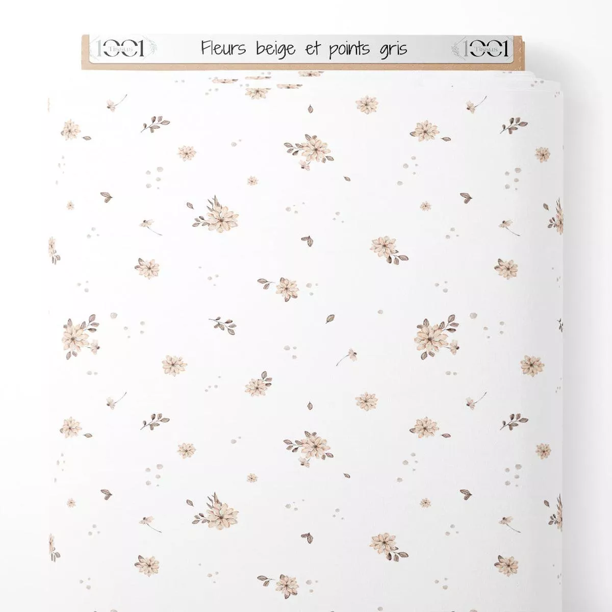 tissu-fleurs-beige-et-points-gris Tissu – Fleurs beige et points gris