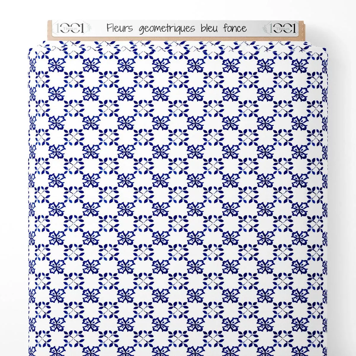 Tissu – Fleurs gomtriques bleu fonc