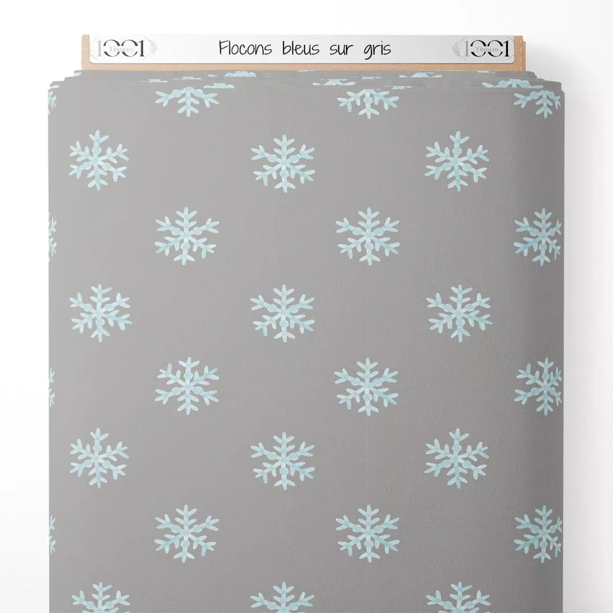 tissu-flocons-bleus-sur-gris Tissu – Flocons bleus sur gris