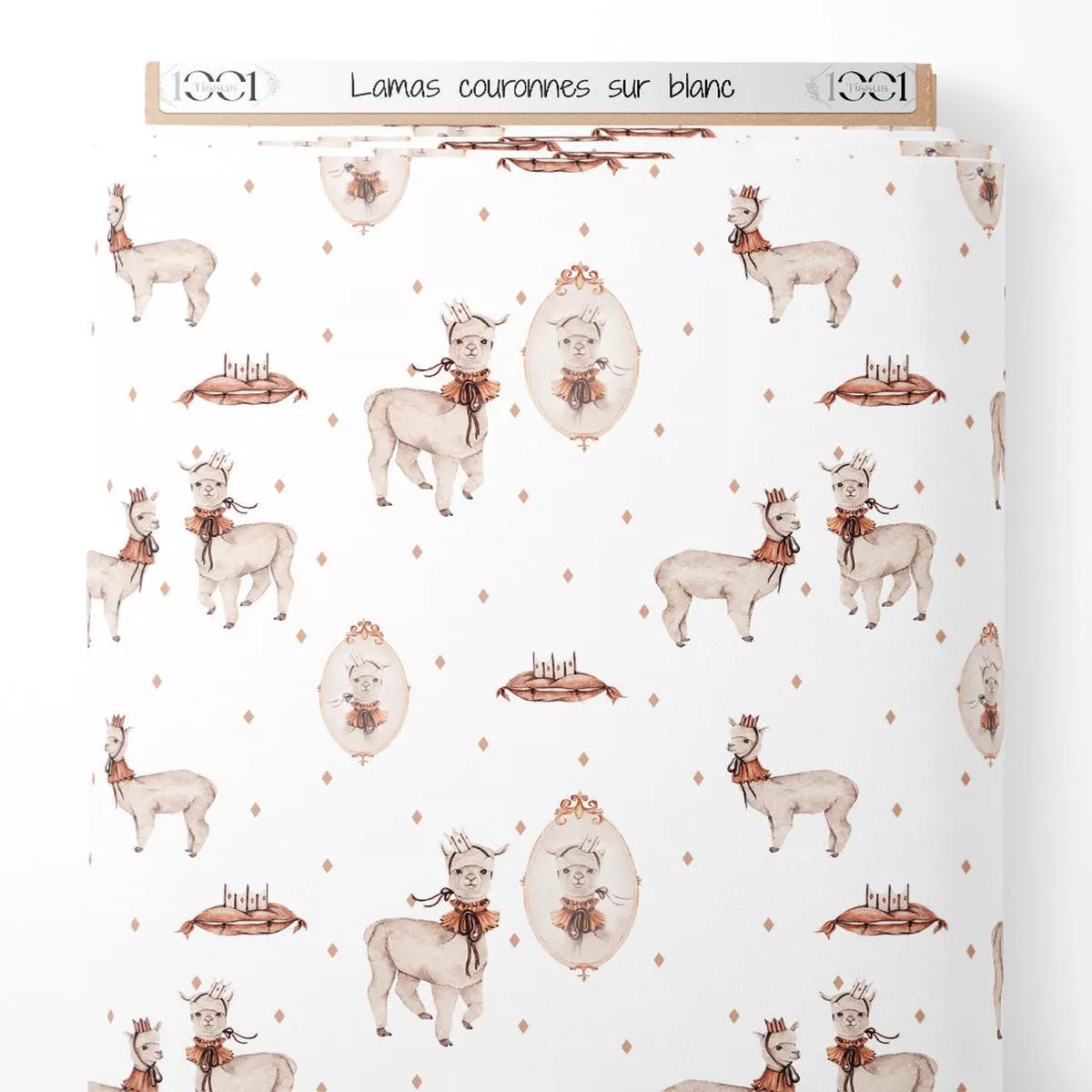 Tissu – Lamas couronns sur blanc