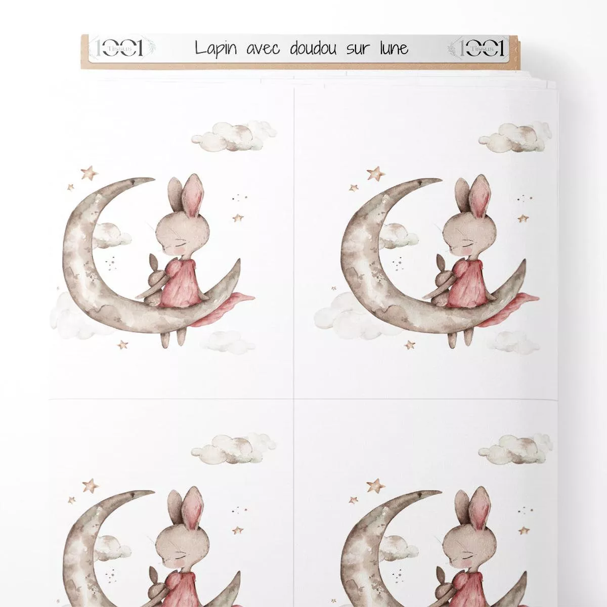 tissu-lapin-avec-doudou-sur-lune Tissu – Lapin avec doudou sur lune